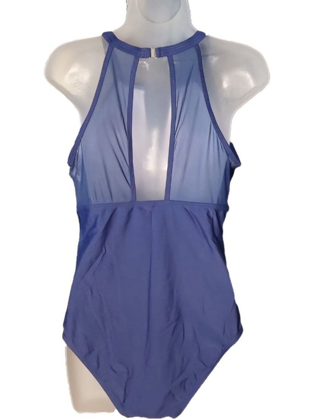 One Piece Swimsuit L Navy Halter Sheer Panels Keyhole Ruched Tummy Control - Picture 9 of 9